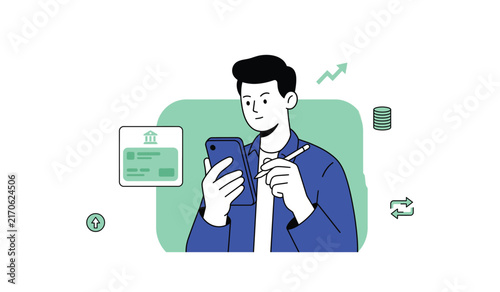 Man checking bank details on smartphone flat illustration, Digital banking growth vector concept, Man reviewing finance data with stylus illustration