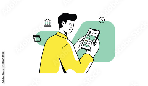 Man using mobile banking app flat illustration, Bank account and card management vector, Man checking finance details on phone illustration