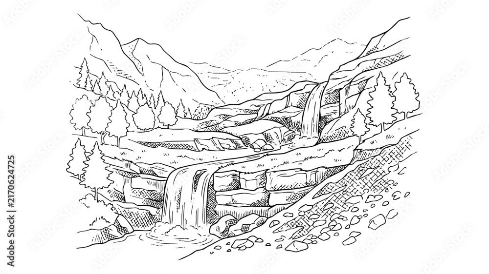 Fototapeta premium Hand Drawn Mountain Landscape Sketch with Waterfalls and Pine Trees, Black and White Wilderness Line Art Vector Illustration