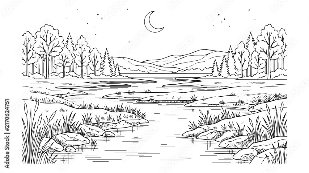 Obraz premium Nature Landscape Coloring Page featuring a Winding River under a Crescent Moon and Starry Night Sky with Forest Trees, Mountains, and Cattails Line Art Illustration
