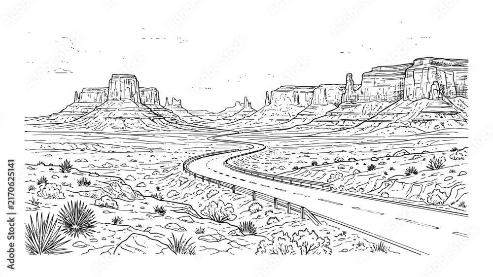 Fototapeta premium Winding Desert Road Through Monument Valley Landscape, Hand Drawn Line Art Sketch of Arizona Utah Scenic Highway