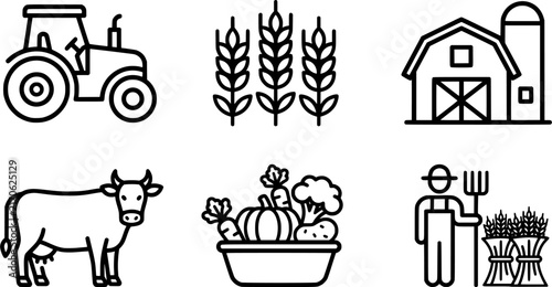 Agricultural Farm Line Art Icon Set – Black and White Tractor, Wheat, Cow, Barn, and Harvest Vector Icons