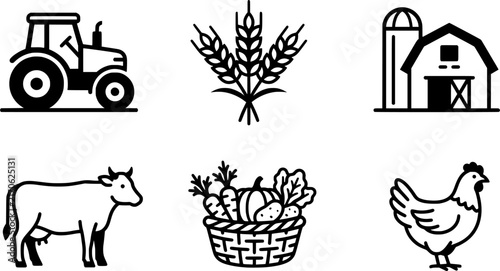 Agricultural Farm Line Art Icon Set – Black and White Tractor, Wheat, Cow, Barn, and Harvest Vector Icons