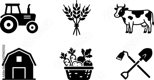 Agricultural Farm Line Art Icon Set – Black and White Tractor, Wheat, Cow, Barn, and Harvest Vector Icons