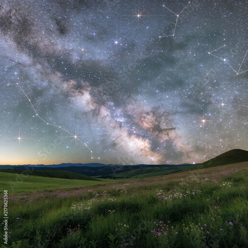 Vibrant Milky Way galaxy sky over green grassy meadow with purple flowers and constellation star maps.
