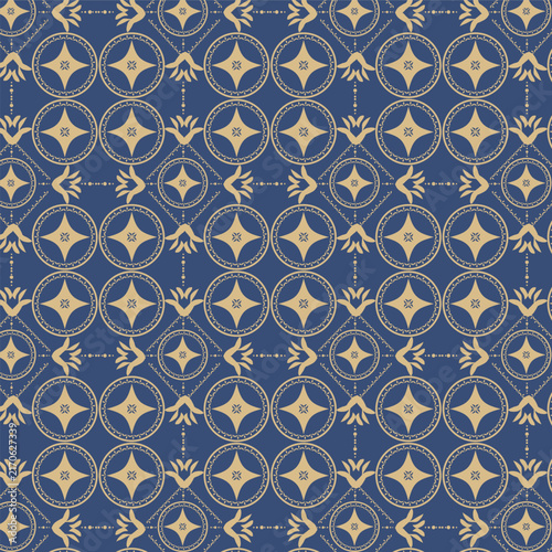 Elegant navy blue background with gold celestial ornaments and symmetric circular motifs perfect for luxury gift wrap and high-end interior wallpaper