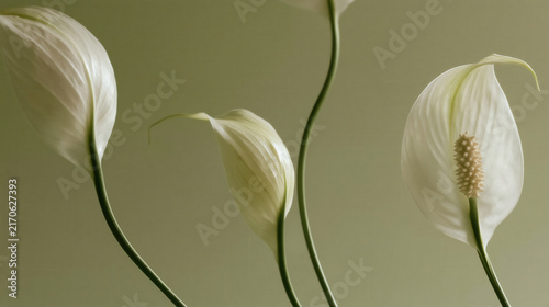 Peace lily spathiphyllum flowers on sage green background minimal botanical studio