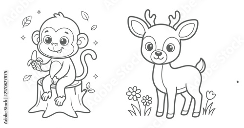 Photography Black and white line art coloring page featuring a cute cartoon monkey and a fri