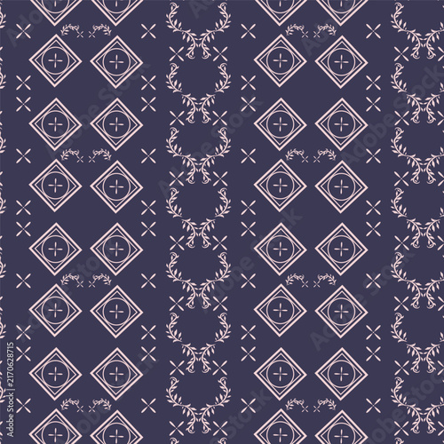 Intricate purple and lilac background featuring small cross motifs and ethnic tile arrangements suitable for decorative fashion textiles and cushion covers