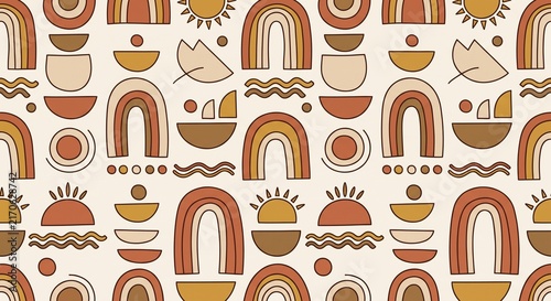 Seamless boho abstract pattern with earthy rainbows, suns, and organic geometric shapes