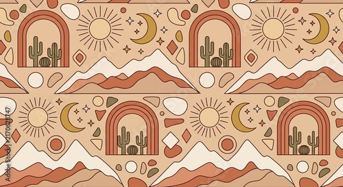 Seamless boho desert pattern with minimalist cactus, mountains, sun, moon, and earthy arches