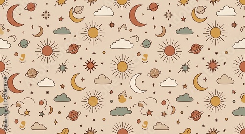 Seamless boho celestial pattern with minimalist sun, moon, stars, planets, and clouds