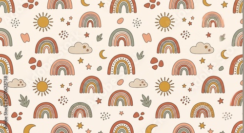 Seamless cute boho rainbow pattern with hand-drawn sun, clouds, stars, and earthy elements