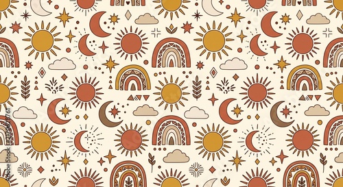 Seamless boho celestial pattern with hand-drawn sun, crescent moon, stars, and earthy rainbows