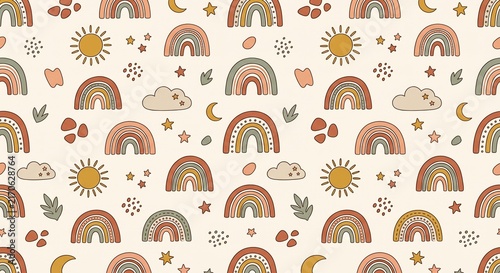 Seamless cute boho rainbow pattern with hand-drawn sun, clouds, stars, and earthy elements