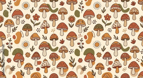 Seamless cute boho mushroom pattern with hand-drawn earthy fungi, flowers, and leaves