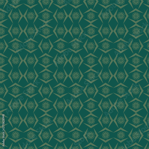 Striking emerald green background with symmetric geometric lattice tiles and floral centers ideal for modern ceramic tile prints and home textiles