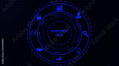 Futuristic glowing blue circular interface displaying investment data with for growth analytics security and partnership on a dark grid background