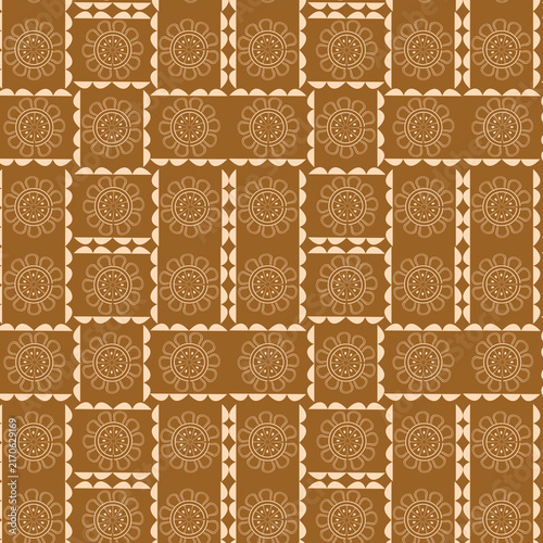 Warm ochre background with intricate floral medallions and square grid layouts perfect for rustic home textiles and vintage style fabric ,wallpaper