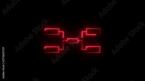 Red neon glowing tournament bracket diagram on a dark background an animated lighting up against a pitch black championship tree competition structure elimination chart matchup graphic playoff layout