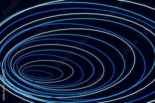 Abstract digital background, featuring glowing blue, and white neon, circular light trails, forming a deep, tunnel vortex on black