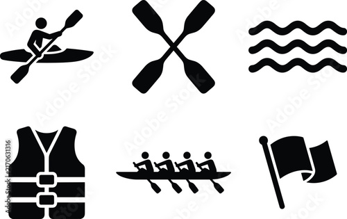 Fotografie Set of black icons for rowing and kayaking featuring a person in a kayak, crosse