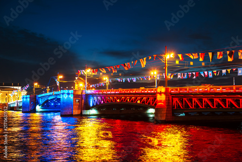 Photography Palace Bridge in the colors of the Russian flag at night