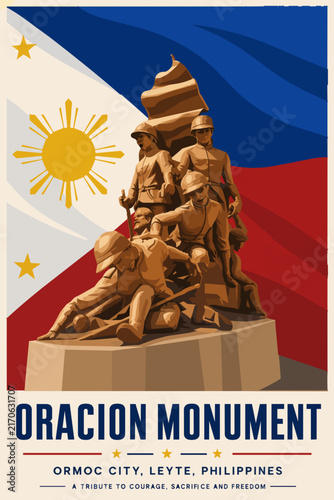 Oracion Monument Ormoc City Leyte Philippines Travel Poster Vector Soldiers Flag