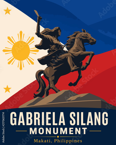 Gabriela Silang Monument Makati Philippines Travel Poster Vector Heroine Statue Flag