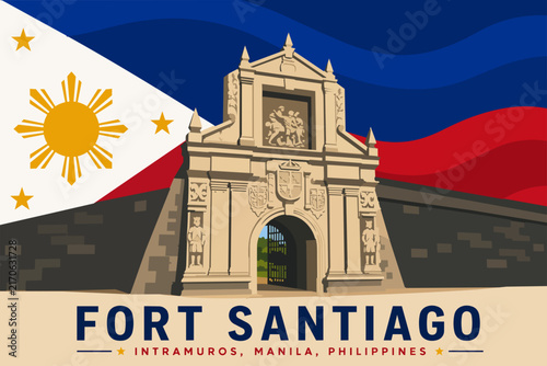 Fort Santiago Gate Intramuros Manila Philippines Travel Poster Vector Flag Landmark