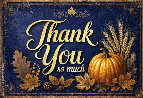 Beautiful autumn thanksgiving card with pumpkin wheat leaves and decorative text thank you so much