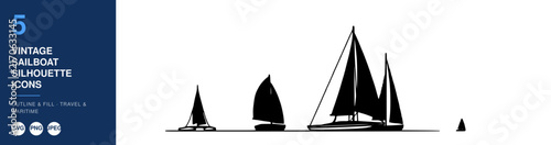 Sailboat Silhouette Icons, Vintage Travel Design Elements. Nautical Outline and Fill Illustrations, Maritime Concept