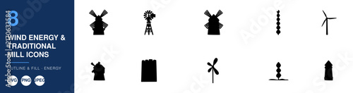 Wind Energy Icons Set, Featuring Traditional Windmills and Turbines. Outline and Fill Design