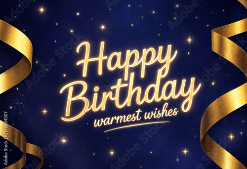 Beautiful golden happy birthday card with shining stars and ribbons for warmest wishes celebration