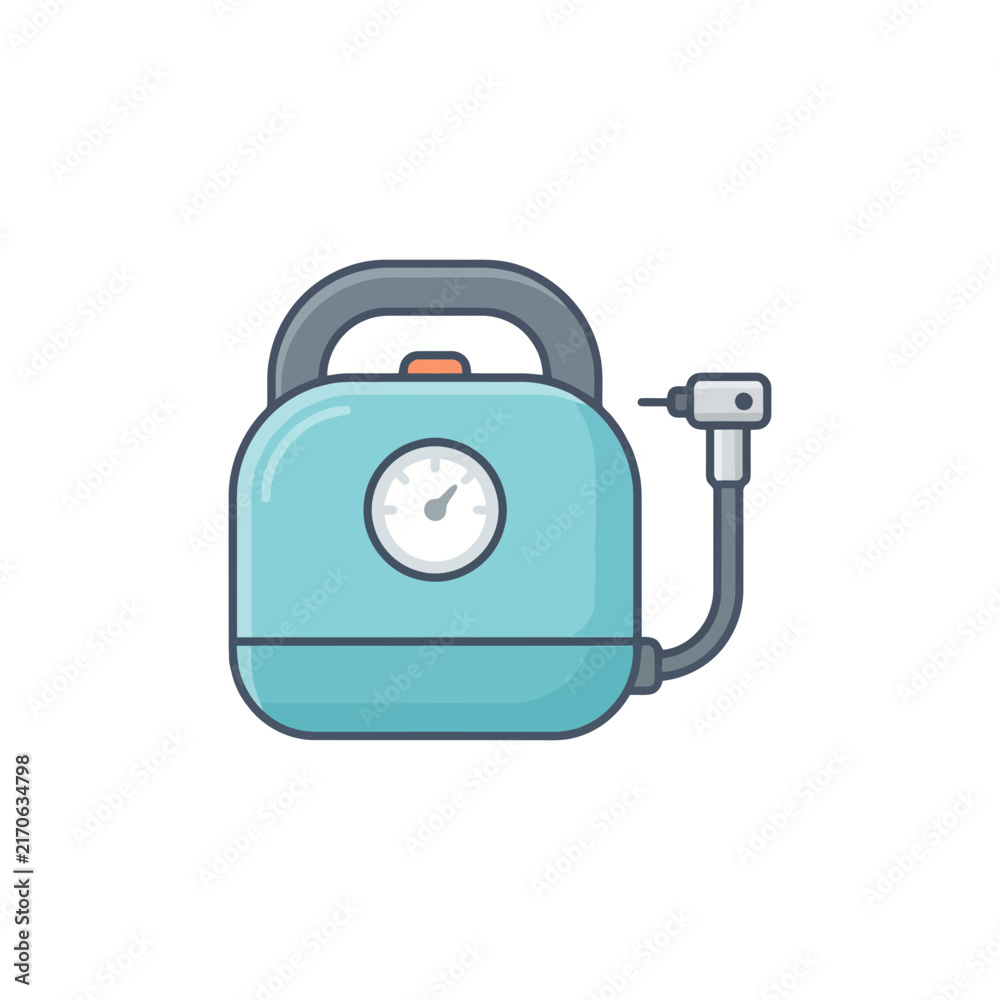 Fototapeta premium Cartoon air compressor icon with gauge and hose.