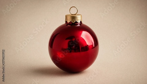 Traditional red Christmas ball ornament on neutral warm background. A timeless festive decoration with a golden hanger, well suited for holiday advertising or product catalog imagery.