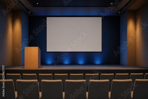 Conference stage with a lectern and a blank presentation screen