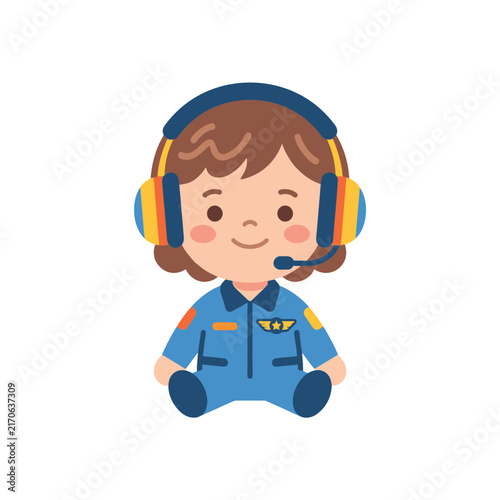 Child wearing pilot headset cute soft rounded minimal vector artwork for classroom graphics printables and learning apps