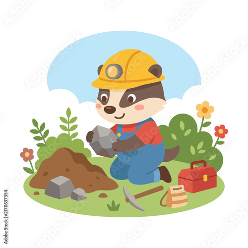 Miner examining rock cute soft rounded minimal vector artwork for kids books school resources and educational printables
