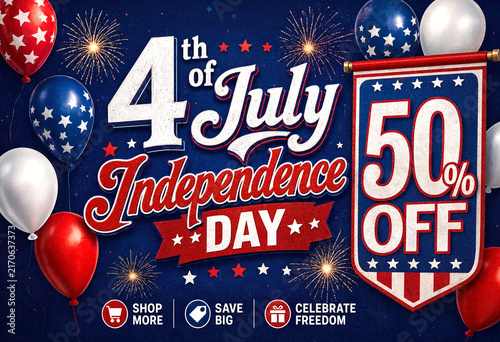 Colorful fourth of july independence day sale banner with fireworks and balloons advertising discounts