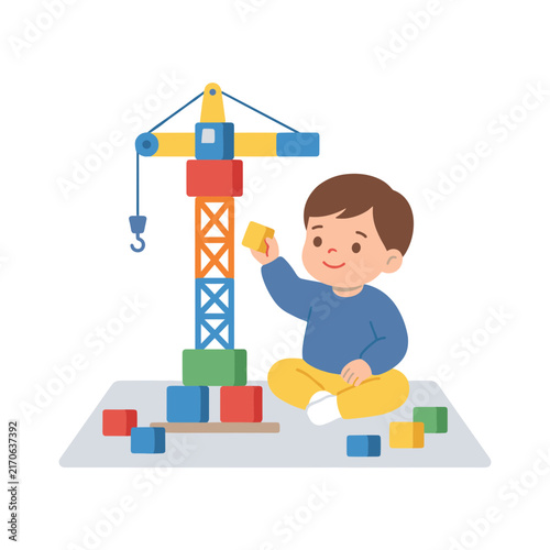 Child stacking toy bricks into modern kid focused flat design for educational posters activity sheets and school design