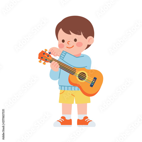 Child holding toy guitar modern kid focused flat design for educational posters activity sheets and school design