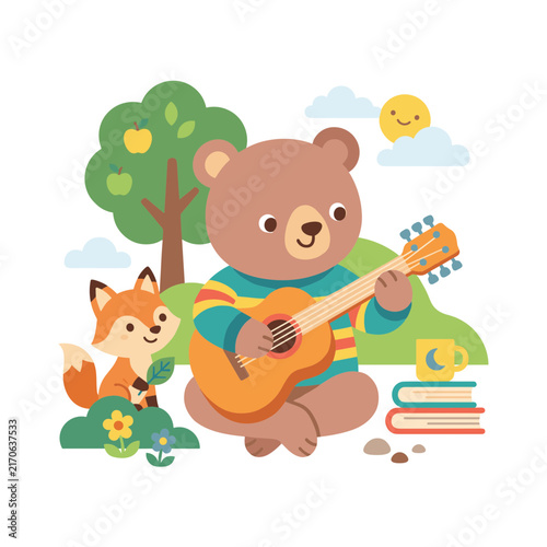 Musician tuning guitar cute bright simplified vector graphic for classroom graphics printables and learning apps