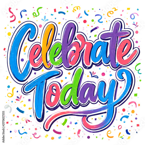 Colorful handwritten celebrate today text with confetti and festive decorations around it