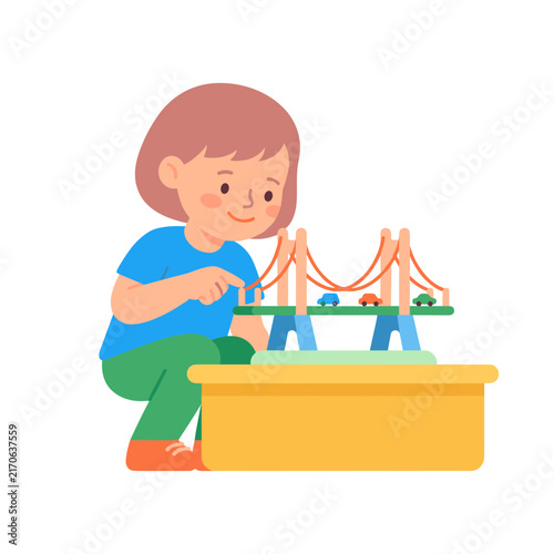 Child examining bridge model soft rounded minimal vector artwork for classroom graphics printables and learning apps