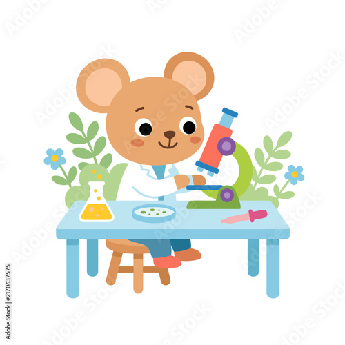 Scientist analyzing microscope modern kid focused flat design for educational posters activity sheets and school design