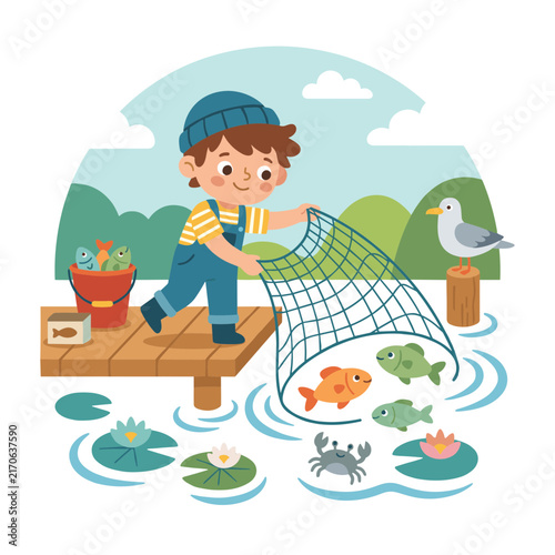 Fisherman casting net cute soft rounded minimal vector artwork for classroom graphics printables and learning apps