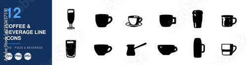 Coffee & Beverage Line Icons Set, Including 12 Vector Illustrations. Food and Drink Symbols, Minimalist Design