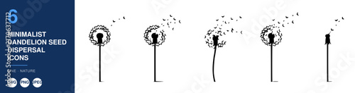 Dandelion Seed Icons, Minimalist Dandelion Dispersal Illustrations, Line Art Nature Symbols, Vector Design Elements