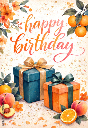 Colorful happy birthday card with gift boxes flowers and fresh fruits in watercolor style